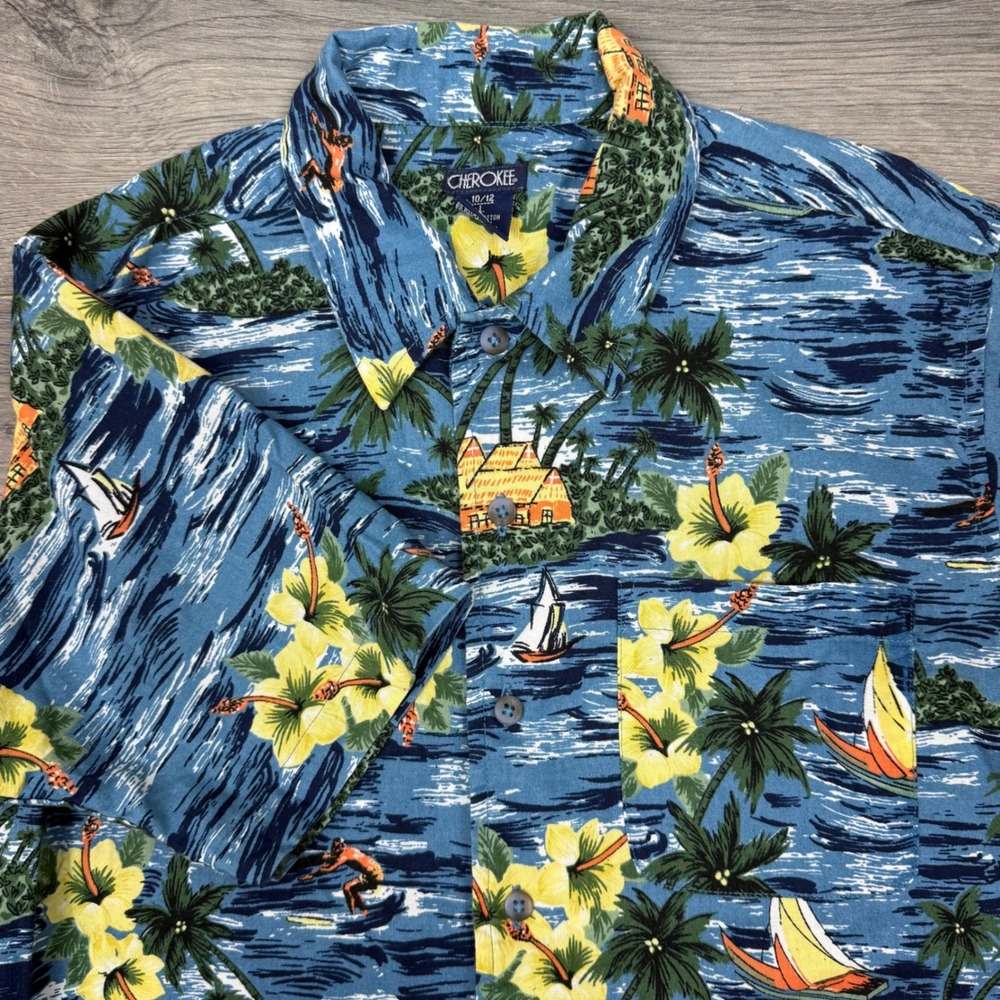 Vintage Cherokee Hawaiian Shirt Ocean Palm Trees Hibiscus Cotton Boys L 10/12